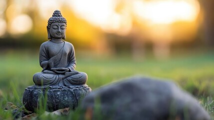 Aufkleber - Serene Buddha statue meditating in a peaceful garden at sunset, surrounded by lush green grass and a large stone. : Generative AI