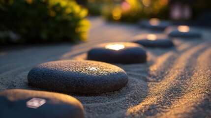 Poster - Serene stepping stones path in a zen garden at sunset, illuminated by warm golden light, smooth grey stones in fine sand. : Generative AI