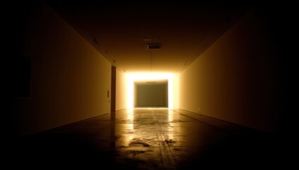 Leinwandbilder - A long, dark corridor leads to a bright, rectangular light at the end, creating a dramatic contrast of light and shadow. : Generative AI