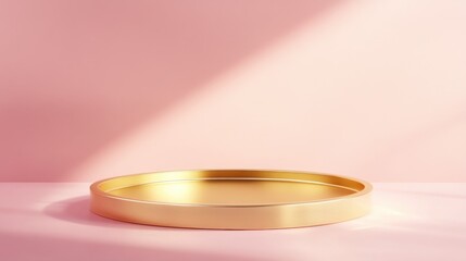 Fototapete - Elegant gold circular platform on a soft pink background, illuminated by a gentle sunlight beam, ideal for product display or minimalist design. : Generative AI