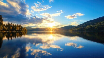 Poster - Serene sunset over a calm lake, reflecting golden clouds and a mountain range, with a shoreline of evergreen trees showing autumnal colors. : Generative AI