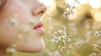 Poster - Closeup of a young woman's face gently inhaling the scent of delicate white wildflowers in a sunlit meadow. : Generative AI