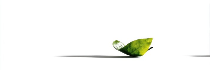 Fototapete - Single green leaf rests gently on a pristine white surface, casting a subtle shadow, showcasing its vibrant color and delicate texture. : Generative AI