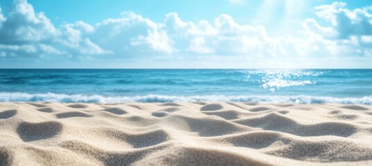 Aufkleber - Closeup view of a pristine beach with soft, light beige sand gently textured by the waves, under a vibrant blue sky dotted with fluffy white clouds and a sunlit ocean. : Generative AI