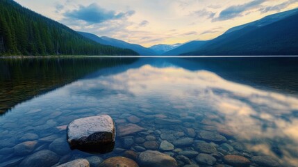 Poster - Serene mountain lake at sunset, reflecting tranquil clouds and sky, with clear water revealing smooth rocks on the shore. : Generative AI