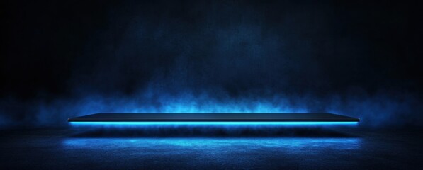 Poster - Dark, moody scene with a sleek, black platform illuminated by vibrant blue neon light, set against a textured, smoky backdrop. : Generative AI