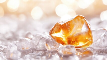 Poster - Amber ice cube rests on a bed of clear ice, illuminated by a warm, golden light, creating a luxurious and refreshing visual. : Generative AI