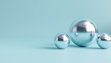 Fototapete - Three metallic spheres of varying sizes rest on a light blue background, creating a minimalist and elegant composition. : Generative AI