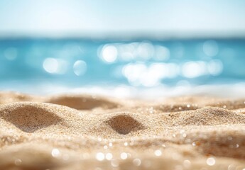Aufkleber - Close-up view of sunlit sand dunes on a beach, with a blurred turquoise ocean in the background, evoking summer vacation vibes. : Generative AI