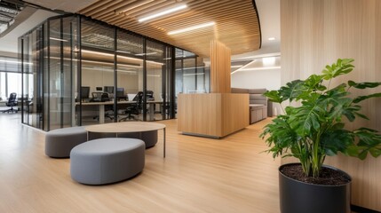 Poster - Modern office interior design featuring a light wood reception desk, comfortable grey seating, and a large green plant, creating a calm and productive workspace. : Generative AI