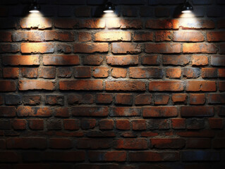 Poster - Three spotlights illuminate a rustic, dark brown brick wall, creating dramatic shadows and highlighting the texture of the aged bricks.  The scene evokes a feeling of mystery and indus : Generative AI
