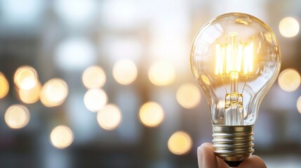 Aufkleber - A hand gently holds a glowing Edison-style light bulb, its warm light contrasting against a bokeh background of soft, blurred lights. : Generative AI
