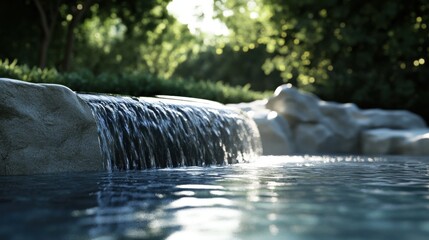 Poster - Serene waterfall cascading over light grey rocks into a calm pool, bathed in soft sunlight filtering through lush green trees. : Generative AI