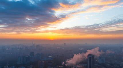 Fototapete - A hazy sunrise paints the cityscape in warm orange and soft blue hues, as smoke rises from the city below, creating a dramatic, atmospheric scene. : Generative AI