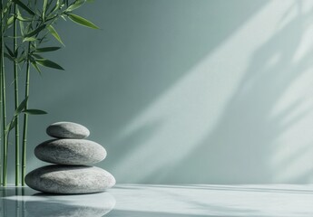 Leinwandbilder - Serene spa scene: three grey stones stacked on a marble surface, beside a bamboo plant against a tranquil teal wall, bathed in soft sunlight. : Generative AI