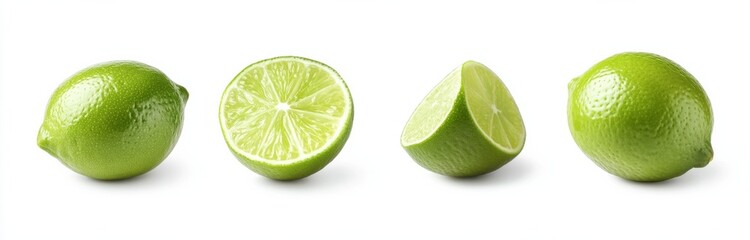 Aufkleber - Four vibrant, juicy limes, one whole, one halved, and two lime wedges, isolated on a bright white background, showcasing their fresh, green citrus texture. : Generative AI
