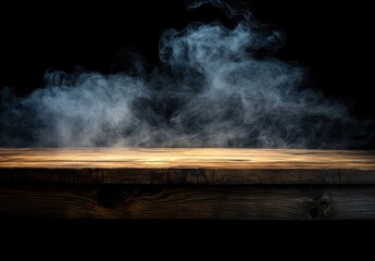 Poster - Dark wooden table with ethereal smoke rising in the background, perfect for product placement or mysterious mood. : Generative AI