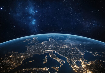 night view of europe from space, showing city lights and the curvature of the earth against a backdr
