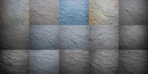 Poster - A detailed image showcasing a grid of various slate stone textures, exhibiting a range of gray, blue, and brown hues, ideal for design projects requiring a natural stone aesthetic. : Generative AI