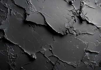 Poster - Dark gray textured surface with cracked and uneven layers, showing a rough, dramatic, and abstract pattern ideal for backgrounds or design elements. : Generative AI