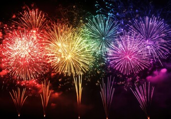 Aufkleber - Vibrant rainbow fireworks display exploding in the night sky, creating a spectacular and colorful light show. : Generative AI