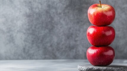 Poster - Three ripe red apples stacked on a dark gray stone, against a textured gray background.  A simple, healthy food image perfect for culinary or wellness contexts. : Generative AI