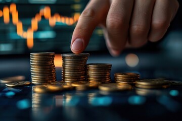 Leinwandbilder - A hand carefully places a coin atop a stack of gold coins, symbolizing financial growth and investment against a blurred background of a stock market chart showing fluctuating prices. : Generative AI