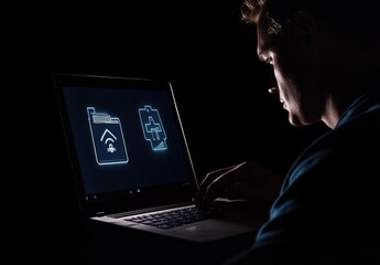 Fototapete - A man works late at night on his laptop, illuminated by the soft glow of icons representing data transfer and healthcare on the screen. : Generative AI