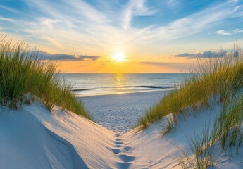 Fototapete - Sunset view through dunes leading to a tranquil beach with golden hour light reflecting on the calm ocean water. : Generative AI