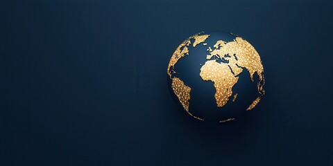 a glowing golden world map globe floats against a dark blue background, highlighting continents and 