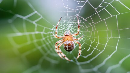 Wall Mural - a vibrant orb-weaver spider, adorned with distinctive white spots, rests patiently at the center of 