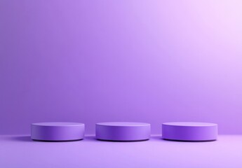 Poster - Three purple cylindrical platforms arranged on a matching purple background, offering a minimalist and modern display for product placement or design presentations. : Generative AI