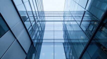 Poster - Modern glass skyscraper exterior, low angle view showcasing geometric patterns and reflections of the sky and adjacent buildings. : Generative AI