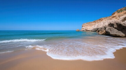 Poster - Serene coastal scene: turquoise water gently laps a sandy beach, meeting a dramatic, light-brown cliff face under a vibrant blue sky. : Generative AI