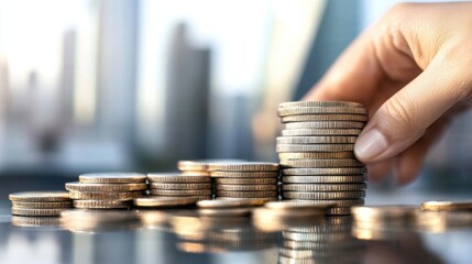 Fototapete - A hand carefully places a coin atop a growing stack of coins, symbolizing financial growth and investment against a blurred cityscape backdrop. : Generative AI