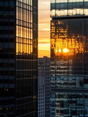 Poster - Sunset reflected in modern skyscrapers, creating a vibrant orange and gold glow on glass facades.  The city skyline at dusk, showcasing architectural details and the warm hues of the s : Generative AI