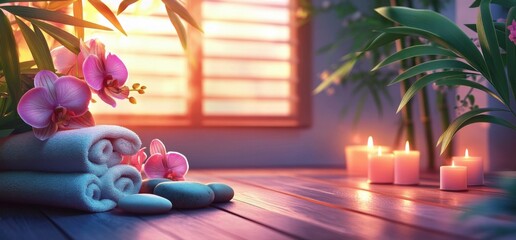 Poster - Serene spa setting with pink orchids, rolled towels, smooth stones, and softly glowing candles at sunset. : Generative AI