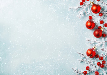 Poster - Festive Christmas border with red ornaments, snow-covered branches, and red berries on a light blue background, perfect for holiday cards or winter designs. : Generative AI