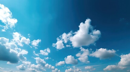 Aufkleber - A vibrant summer sky showcasing fluffy cumulus clouds against a deep blue canvas, bathed in sunlight creating a serene and peaceful atmosphere. : Generative AI