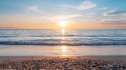 Poster - Serene sunset over calm ocean waves gently lapping a pebble beach, showcasing a tranquil and peaceful coastal scene. : Generative AI