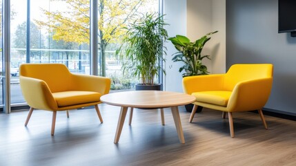 Aufkleber - Two mustard yellow armchairs face each other across a light wood coffee table in a modern office waiting area, large windows showing autumn trees. : Generative AI