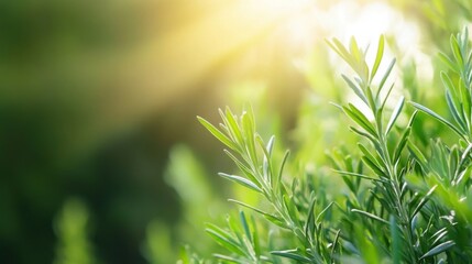 Aufkleber - Vibrant green rosemary plant bathed in sunlight, showcasing delicate leaves and a fresh, natural aesthetic. Ideal for culinary, herbal, or wellness themes. : Generative AI