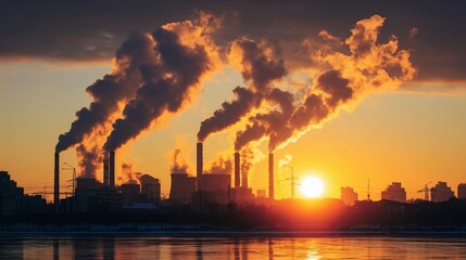 Fototapete - Industrial sunset: Power plant smokestacks emitting plumes of dark smoke against a vibrant orange sky, reflecting on calm water. : Generative AI
