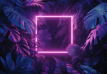 Aufkleber - Vibrant purple and blue tropical leaves surround a glowing pink neon square frame, creating a surreal and stylish backdrop. : Generative AI