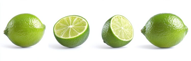 Poster - Four vibrant green limes, one whole, one halved, and two quartered, showcasing their juicy interiors and textured rinds against a clean white backdrop. : Generative AI