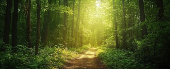 Leinwandbilder - Sunlit path through a lush green forest, dappled sunlight filtering through the leaves, creating a magical atmosphere. : Generative AI