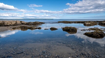 Fototapete - Serene coastal scene: clear water reflects sky and rocks at low tide, revealing a tranquil beach landscape with seaweed-covered stones. : Generative AI