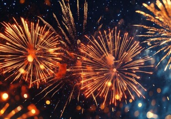 Aufkleber - Vibrant orange and gold fireworks explode against a dark night sky, creating a spectacular celebratory display of light and color. : Generative AI