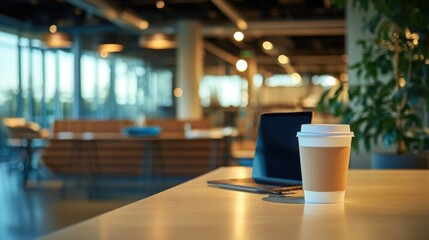 Poster - Laptop and coffee cup on a light wood table in a modern, bright office space with blurred background of desks and windows. : Generative AI