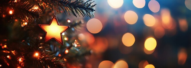 Poster - A glowing star ornament hangs on a decorated christmas tree, illuminated by warm, festive lights creating a magical holiday atmosphere. : Generative AI